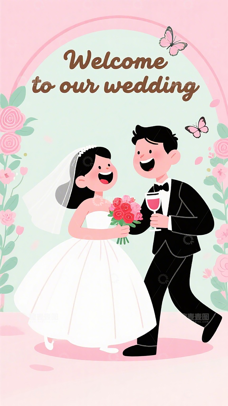 高清大图下载【趣麦麦图】卡通婚礼迎宾海报设计素材