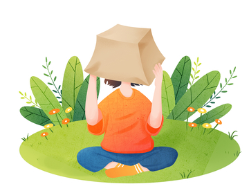 坐在草地用纸箱遮头的人插画
