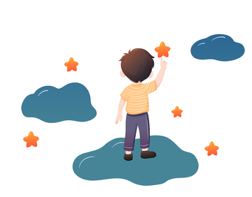 男孩云端伸手摘星星插画