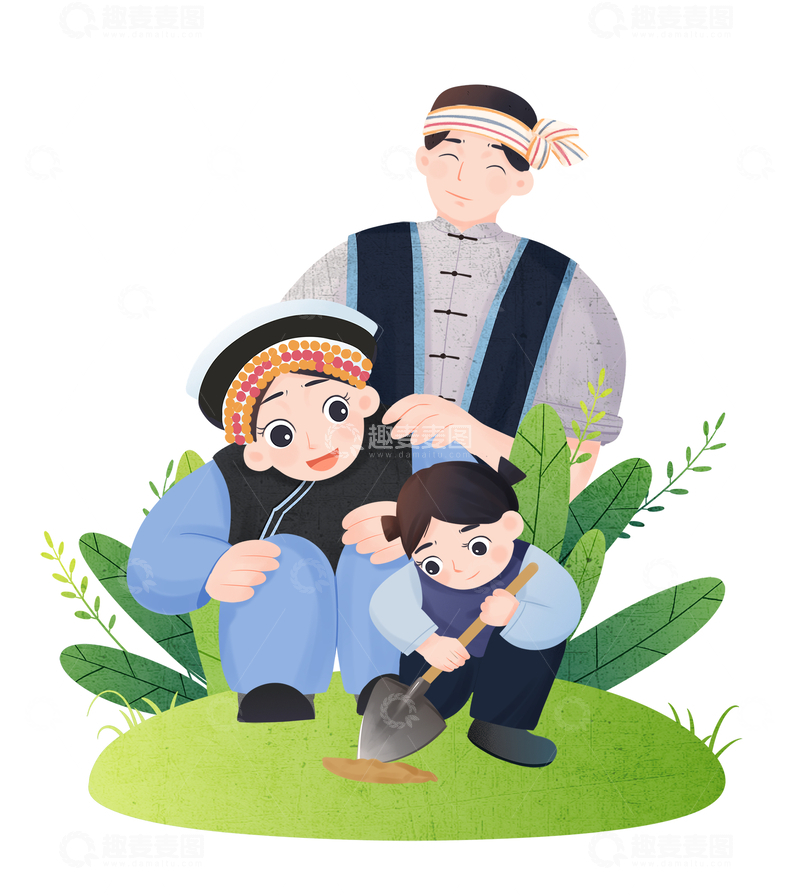 源文件下载【趣麦麦图】少数民族一家三口亲子田园互动图插画