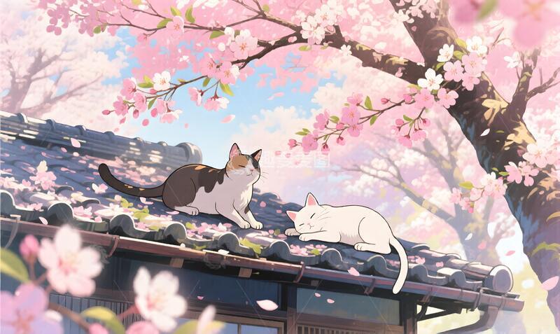 高清大图下载【趣麦麦图】樱花屋顶两只猫唯美日式风景插画素材