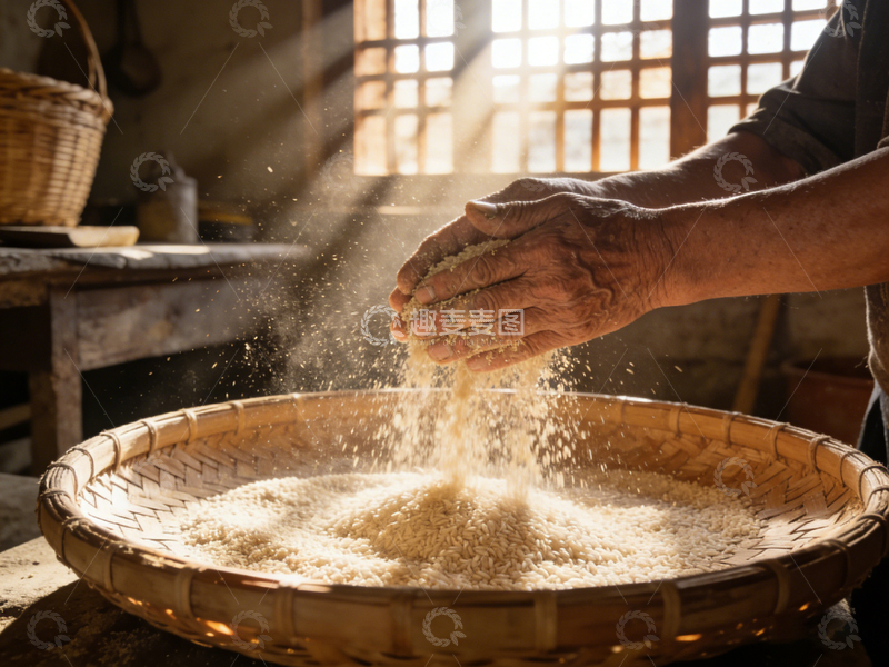 高清大图下载【趣麦麦图】农舍手工筛米传统工艺