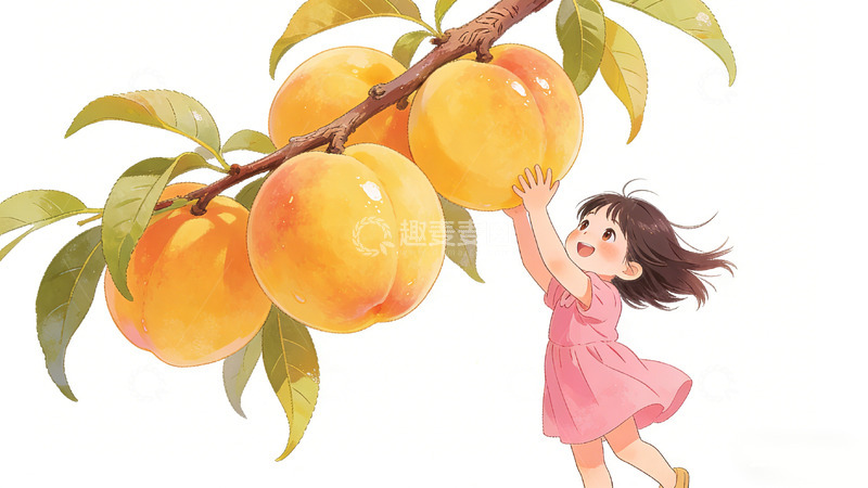高清大图下载【趣麦麦图】童趣桃子采摘插画