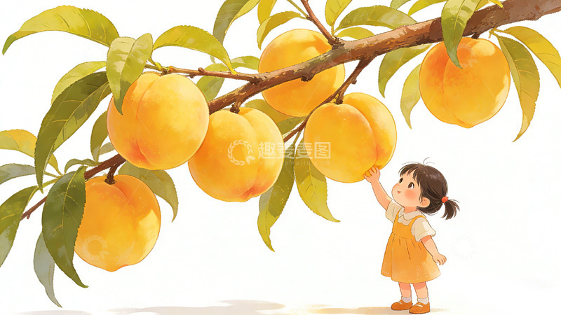 高清大图下载【趣麦麦图】卡通女孩摘桃插画