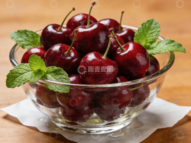 高清大图下载【趣麦麦图】玻璃碗樱桃薄荷装饰美食摄影