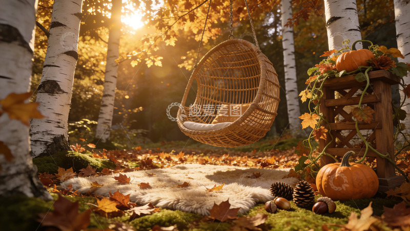 高清大图下载【趣麦麦图】秋意浓浓森林吊椅景象