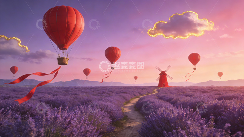 高清大图下载【趣麦麦图】薰衣草田园热气球风景素材