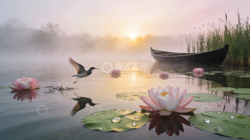高清大图下载【趣麦麦图】晨雾湖景荷花鸟影自然风光摄影