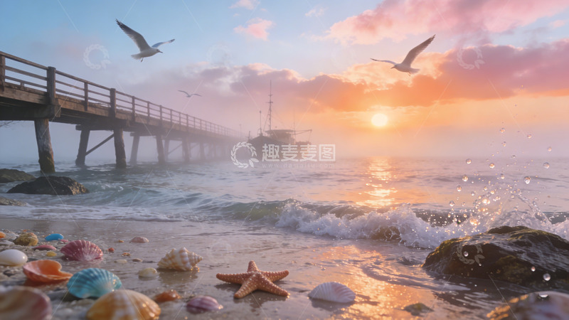 高清大图下载【趣麦麦图】-海滨日落风景图