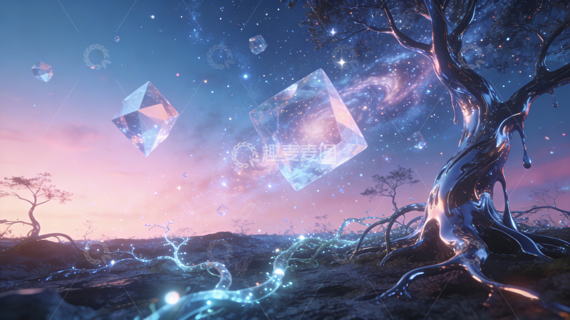 高清大图下载【趣麦麦图】奇幻星空悬浮晶体艺术插画