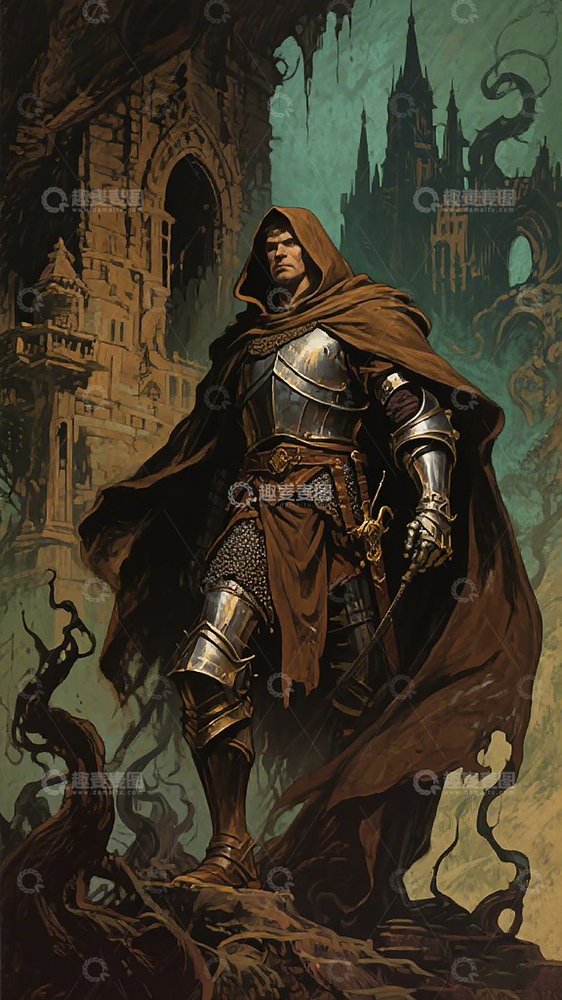 高清大图下载【趣麦麦图】暗黑风格骑士插画