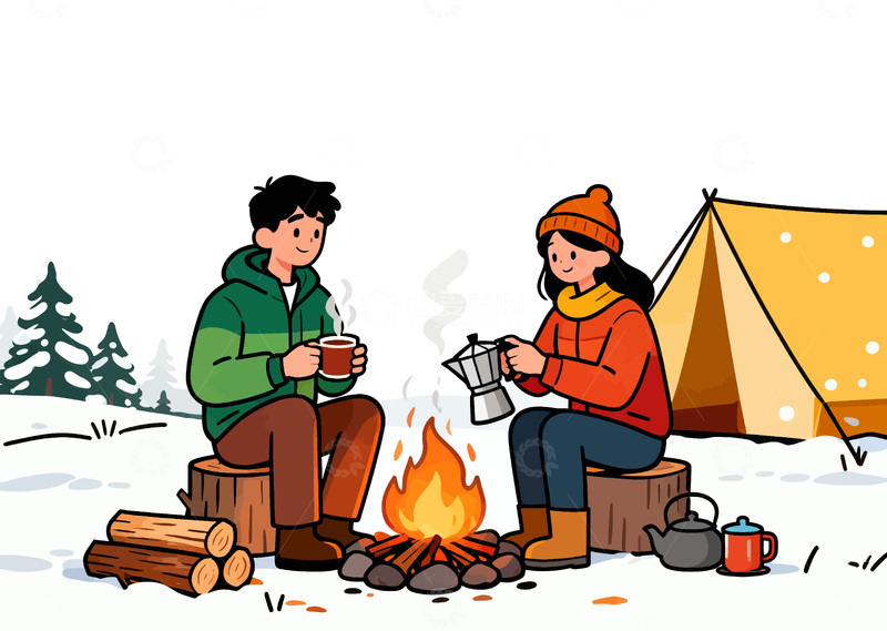 源文件下载【趣麦麦图】冬夜露营篝火插画