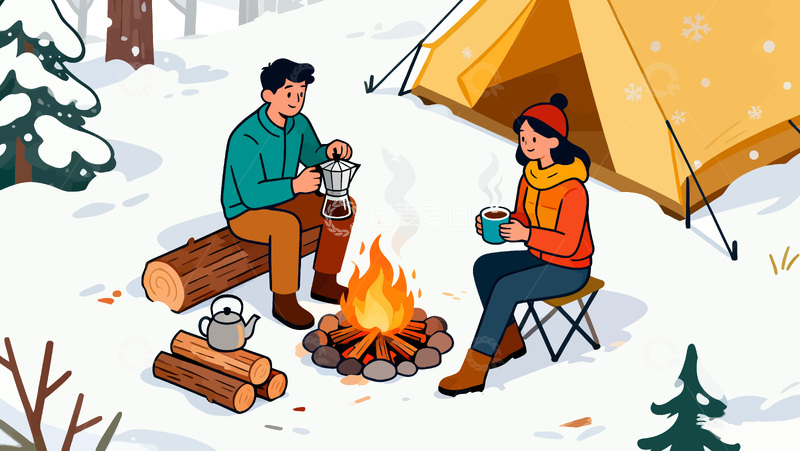 源文件下载【趣麦麦图】冬日野营篝火场景插画