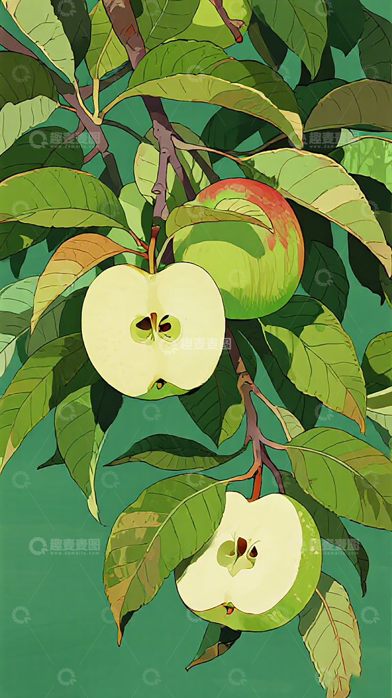 高清大图下载【趣麦麦图】苹果树插画绿叶背景