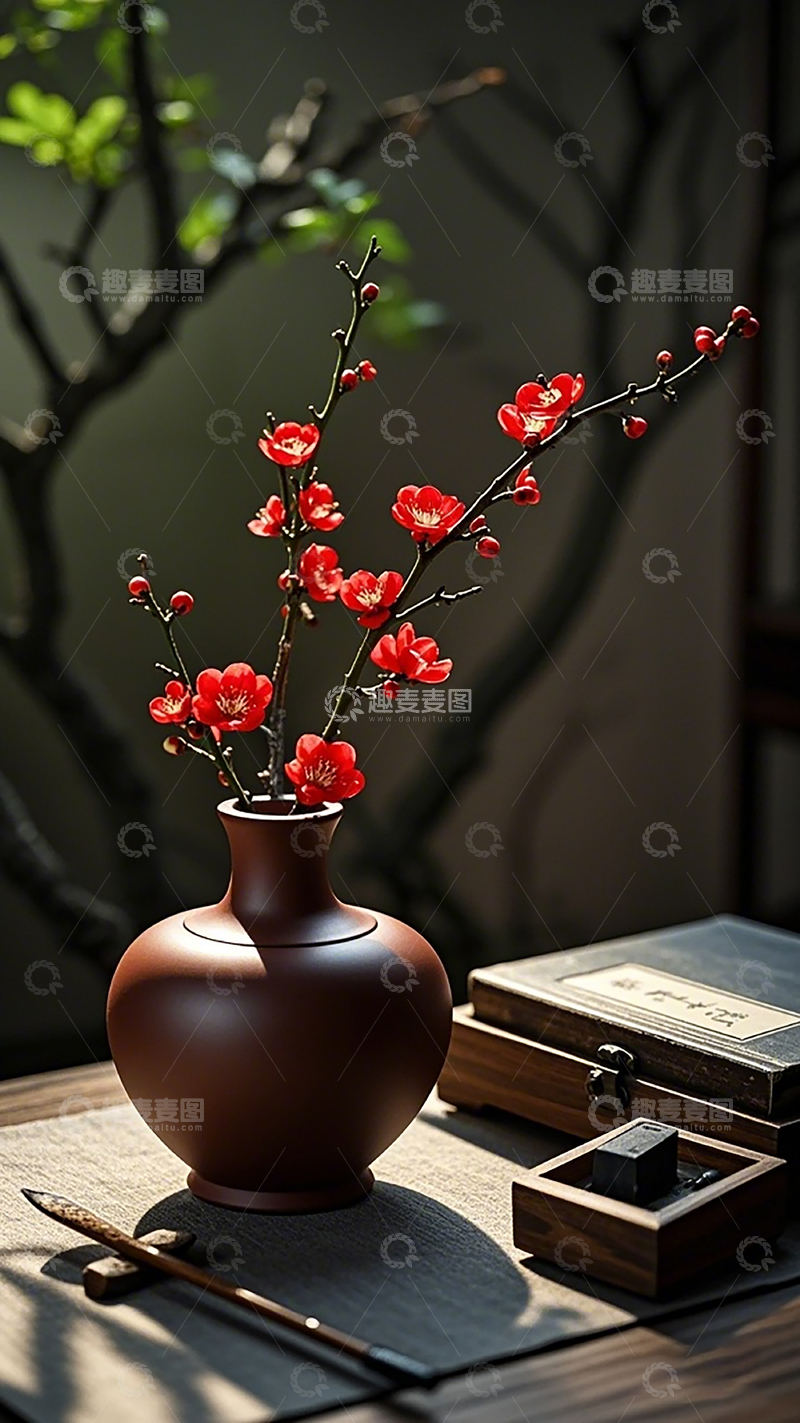 高清大图下载【趣麦麦图】古典花瓶红梅花艺布置