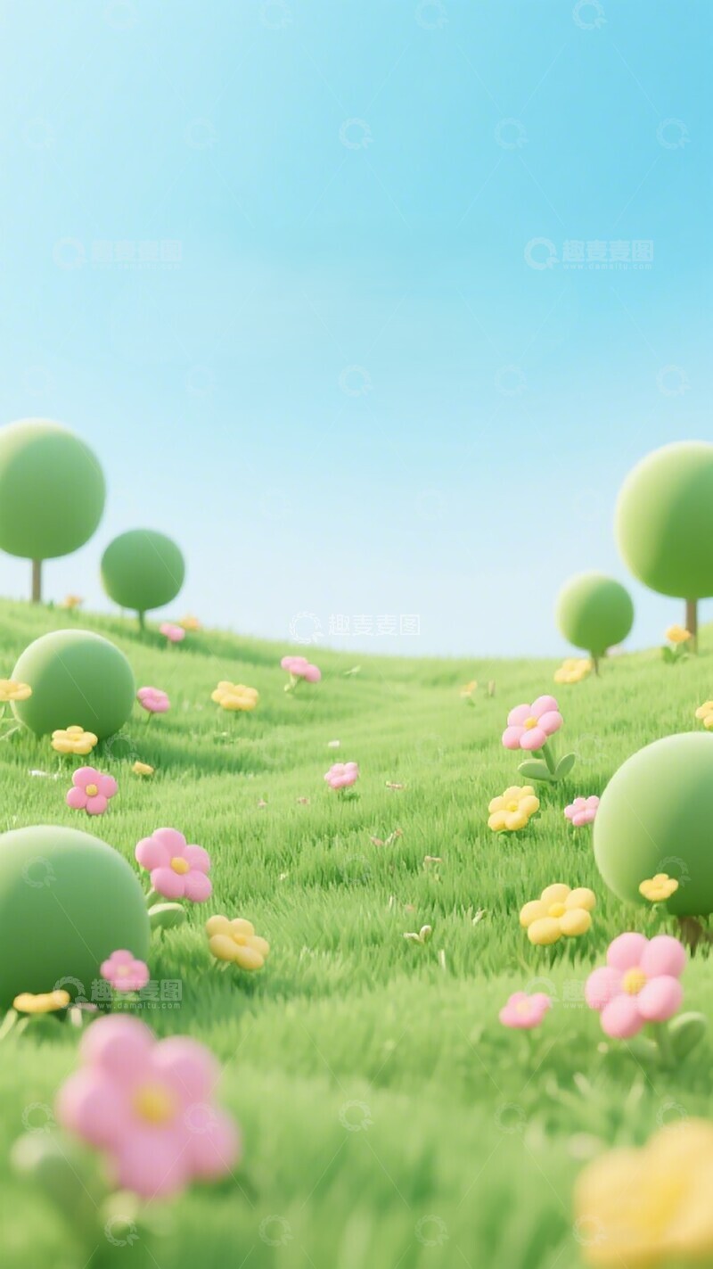 高清大图下载【趣麦麦图】卡通草地花朵风景插画