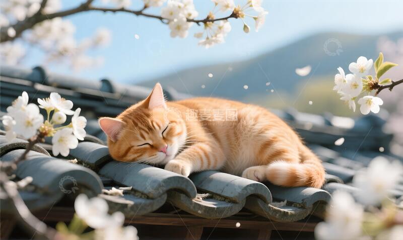 高清大图下载【趣麦麦图】春日屋顶橘猫樱花自然美景风景
