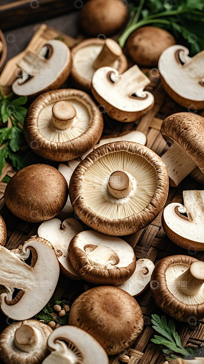 高清大图下载【趣麦麦图】新鲜香菇堆叠展示食材摄影