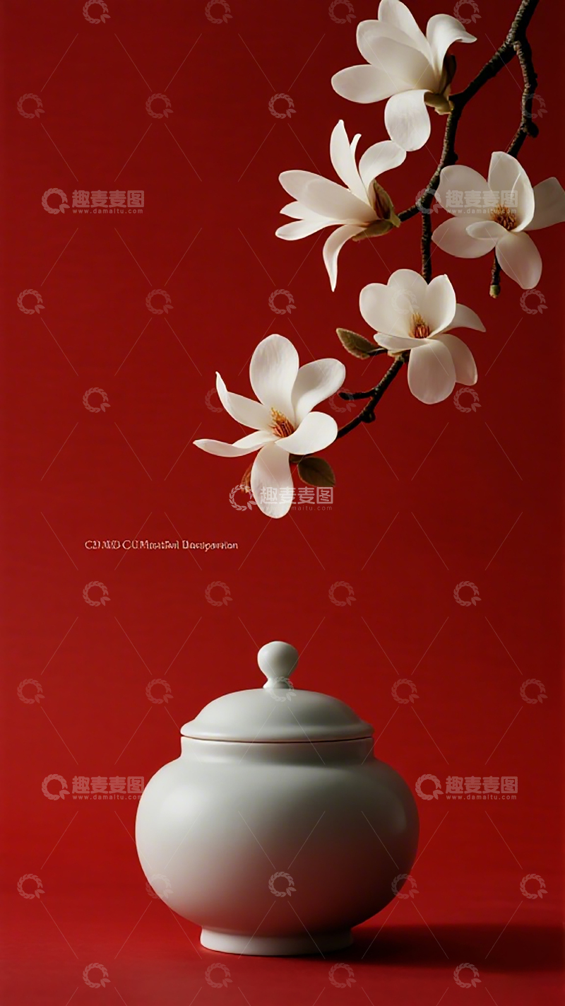 高清大图下载【趣麦麦图】红背景白玉兰瓷罐静物