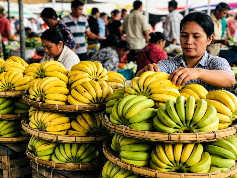 高清大图下载【趣麦麦图】市场香蕉摊位生活场景摄影图