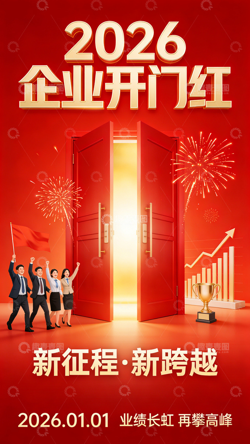 高清大图下载【趣麦麦图】红色喜庆2026企业开门红海报