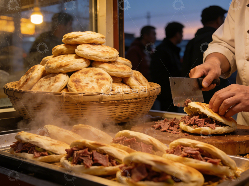 高清大图下载【趣麦麦图】街头美食烤饼肉夹馍