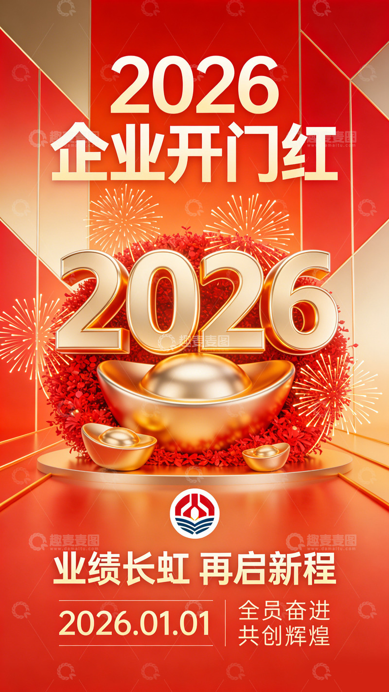 高清大图下载【趣麦麦图】-红金色调企业开门红宣传海报