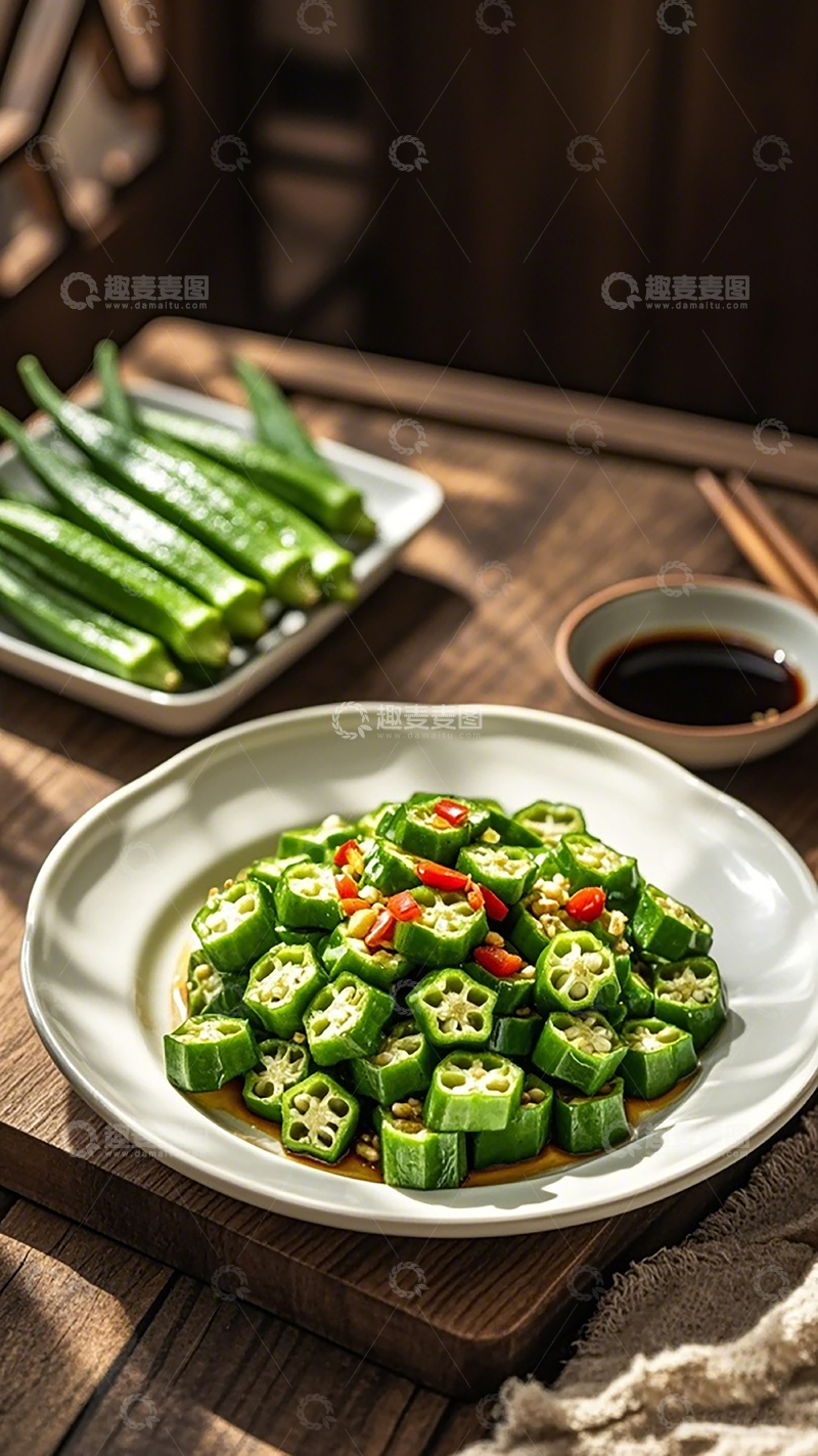 高清大图下载【趣麦麦图】中式秋葵凉拌菜美食摄影