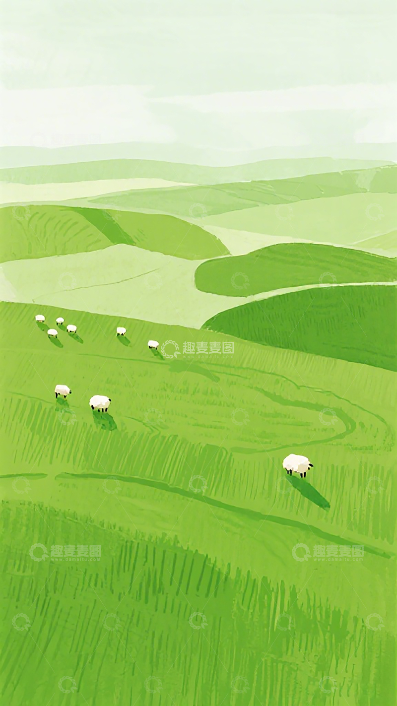 高清大图下载【趣麦麦图】田园风光插画羊群绿野