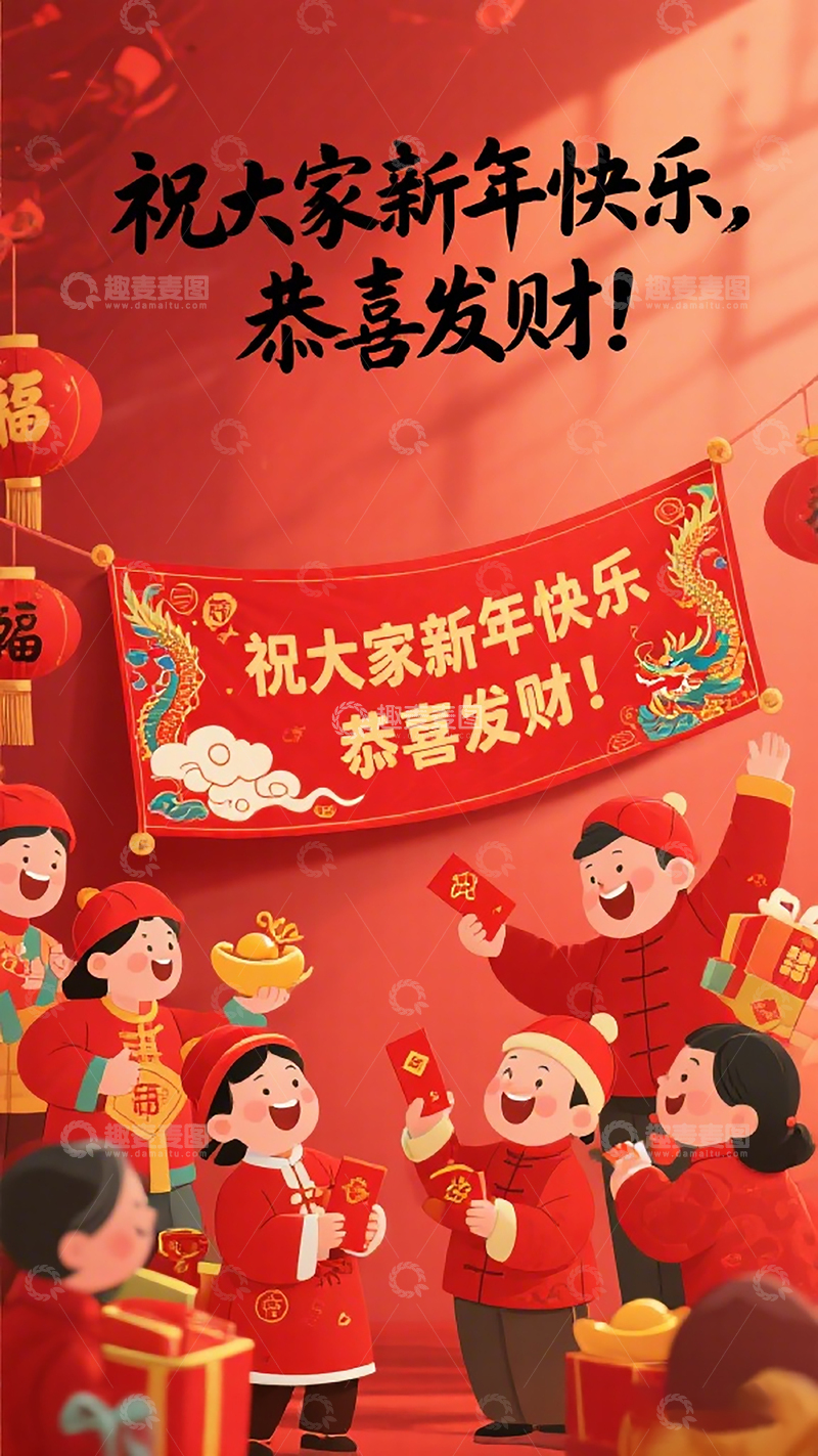 高清大图下载【趣麦麦图】新年喜庆插画祝福海报
