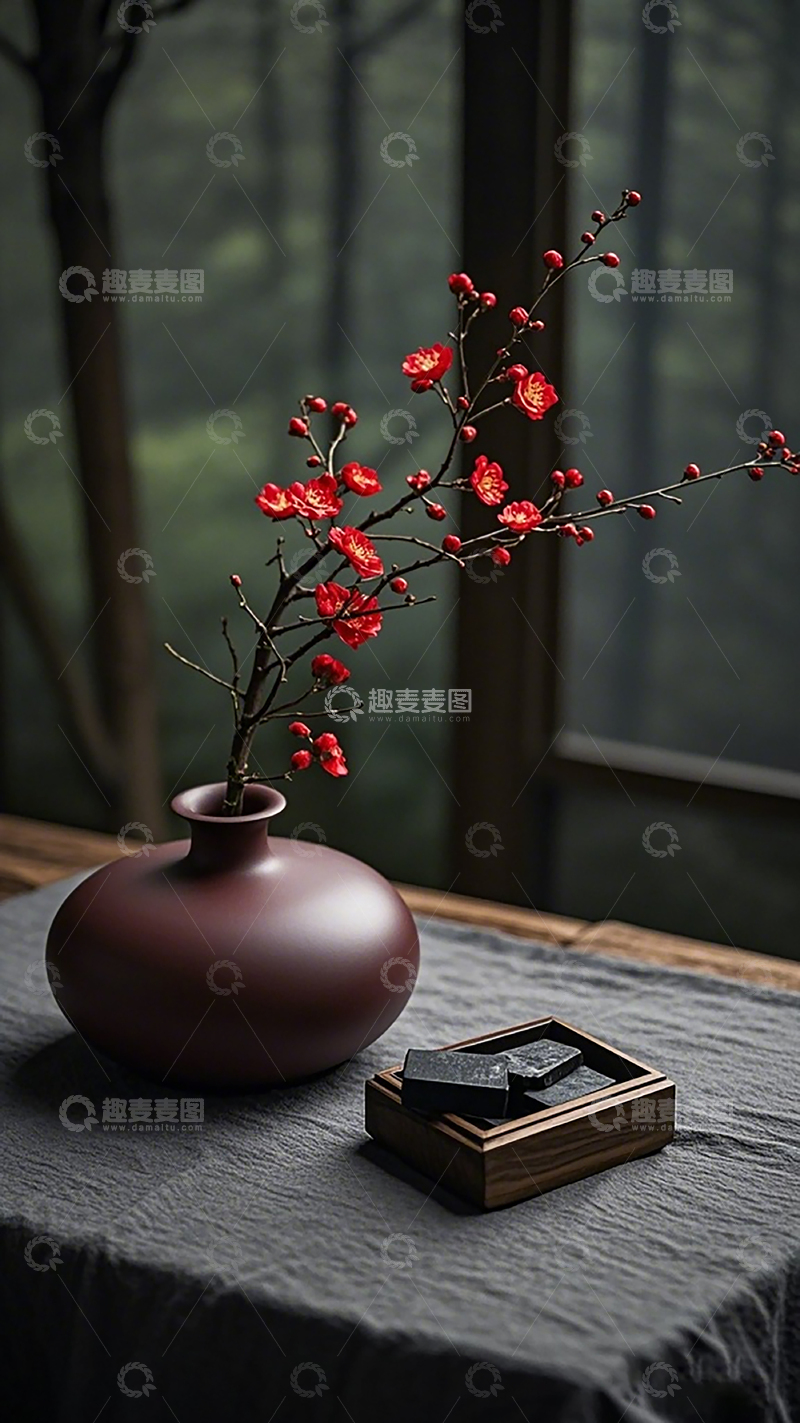 高清大图下载【趣麦麦图】东方禅意花瓶与茶具静物