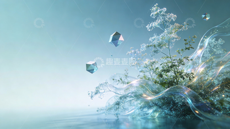 高清大图下载【趣麦麦图】梦幻植物水晶漂浮插画