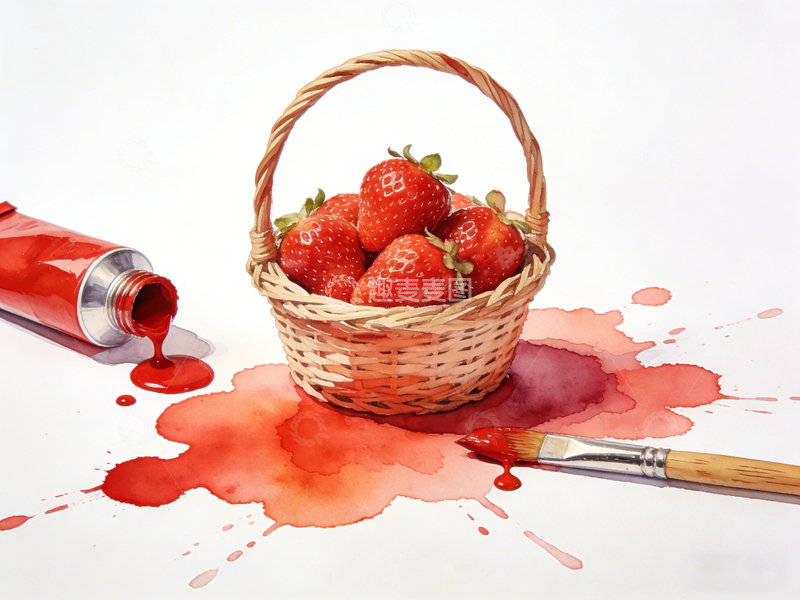 高清大图下载【趣麦麦图】水彩草莓篮子静物绘画素材