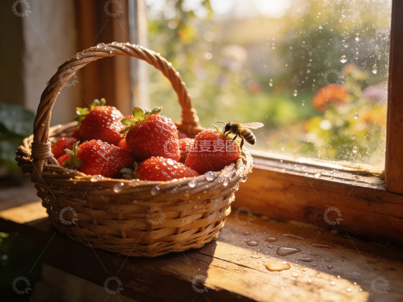 高清大图下载【趣麦麦图】田园风草莓篮蜜蜂采蜜图