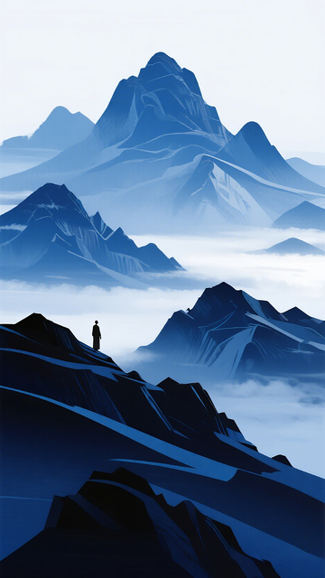 蓝调山峰独行人插画