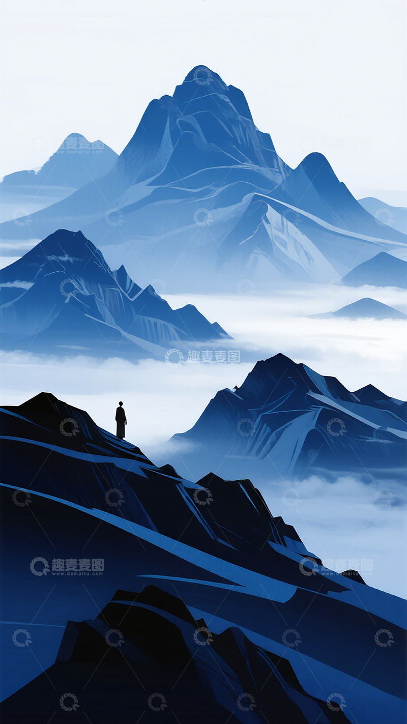 高清大图下载【趣麦麦图】蓝调山峰独行人插画