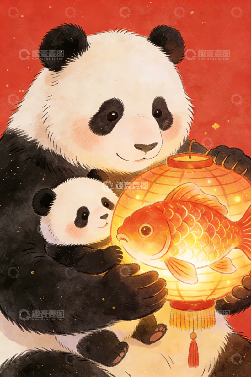 高清大图下载【趣麦麦图】熊猫亲子鱼灯笼庆祝新年插画