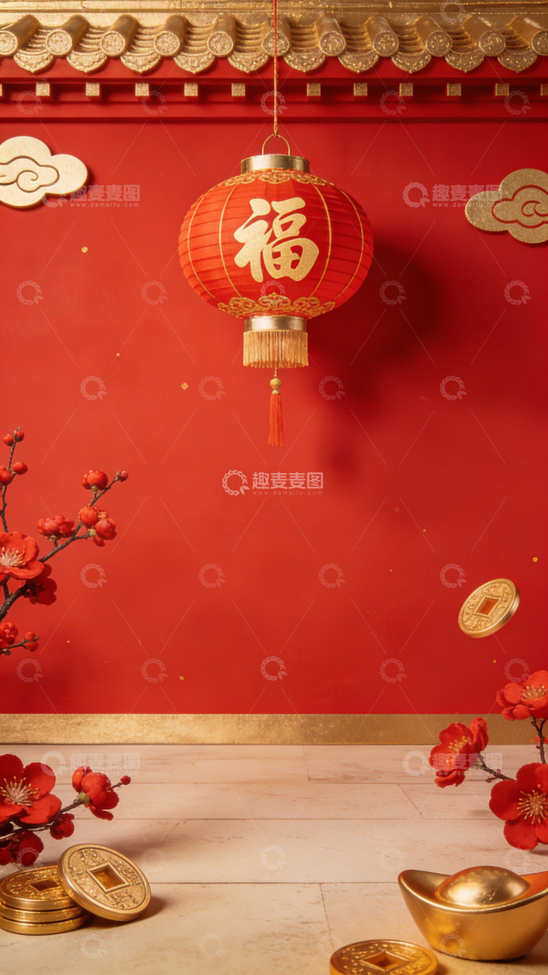 高清大图下载【趣麦麦图】春节喜庆装饰灯笼金币梅花场景