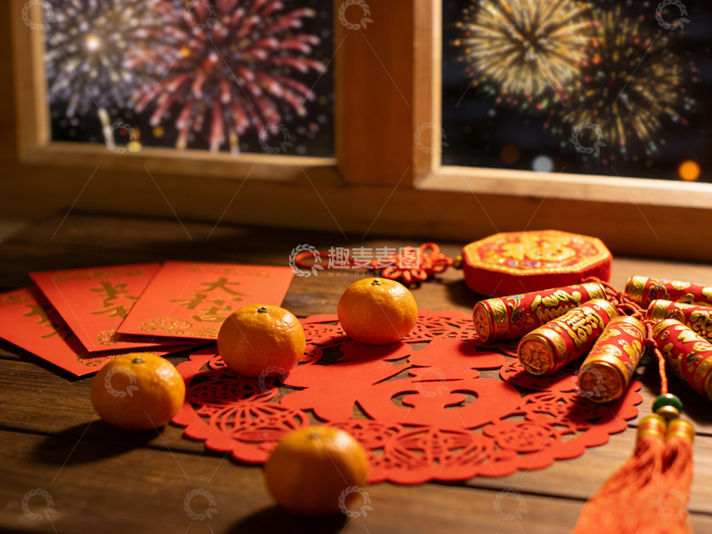 高清大图下载【趣麦麦图】春节喜庆装饰剪纸橘子鞭炮