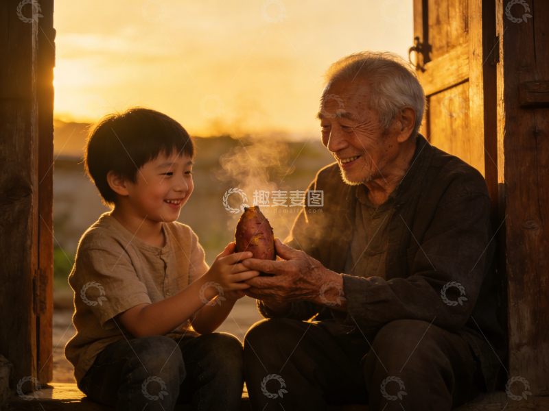 高清大图下载【趣麦麦图】夕阳温馨祖孙情