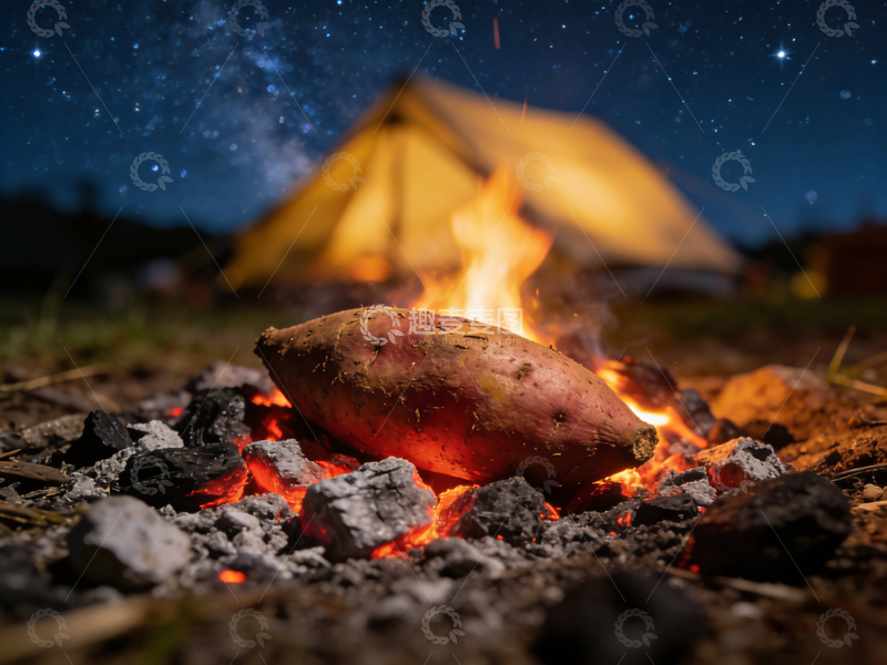 高清大图下载【趣麦麦图】星空篝火烤红薯露营风光