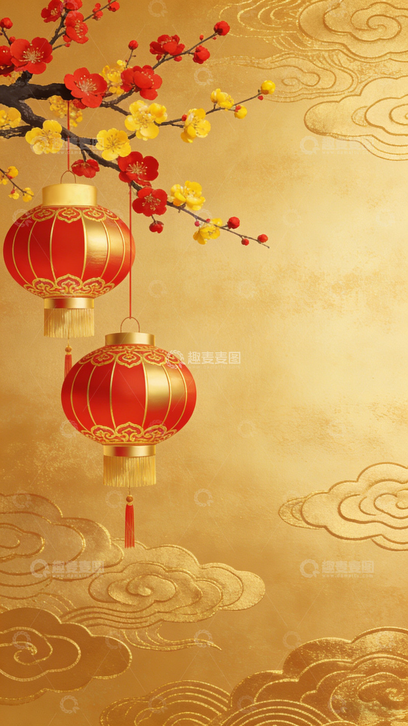 高清大图下载【趣麦麦图】传统中国风红灯梅花祥云图案