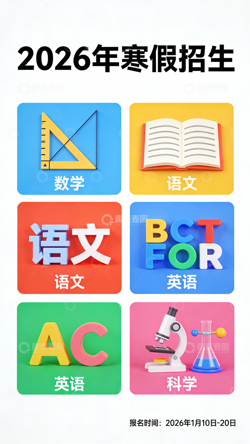 高清大图下载【趣麦麦图】2026寒假招生宣传设计海报