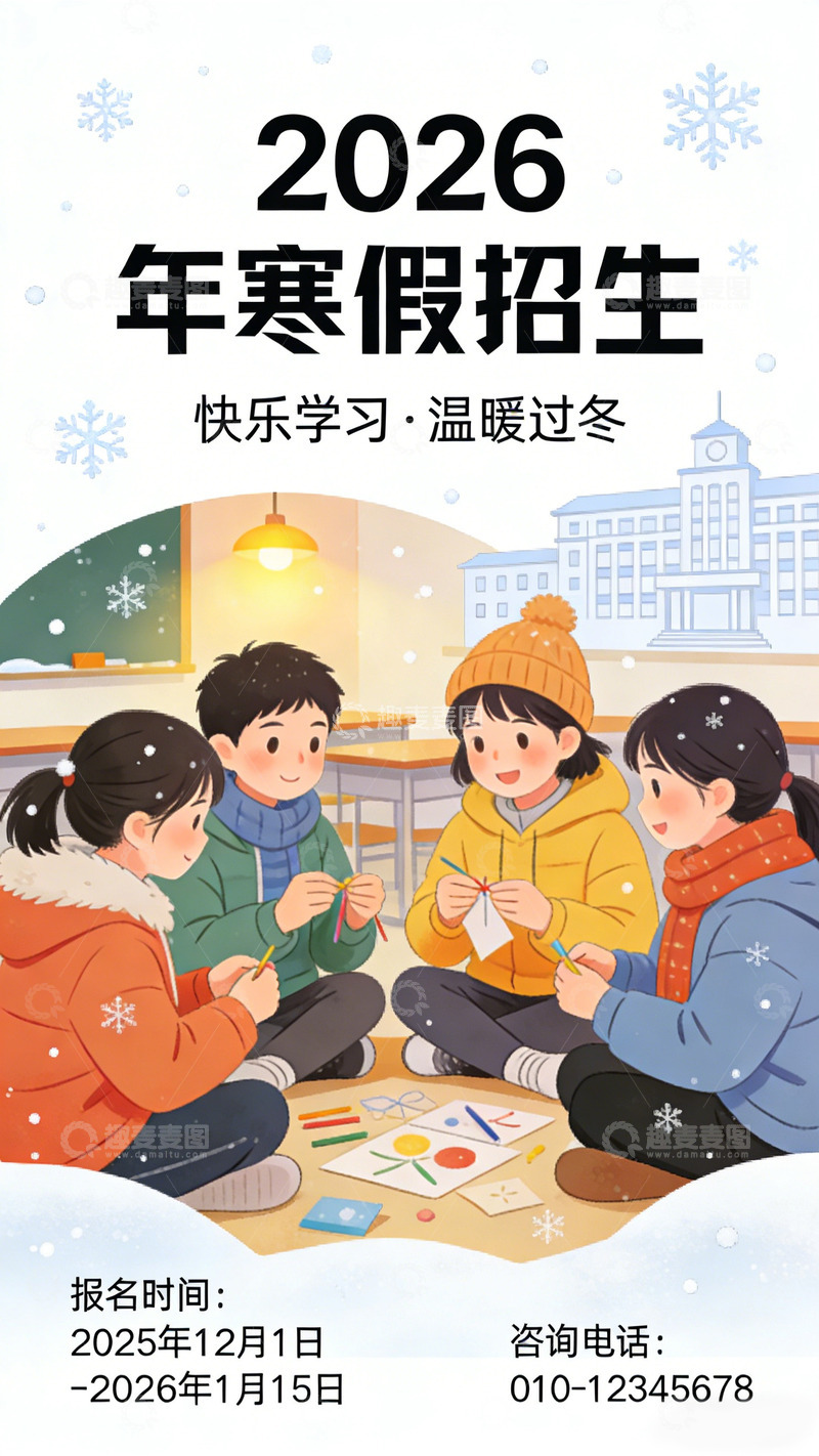 高清大图下载【趣麦麦图】卡通风寒假招生设计宣传海报