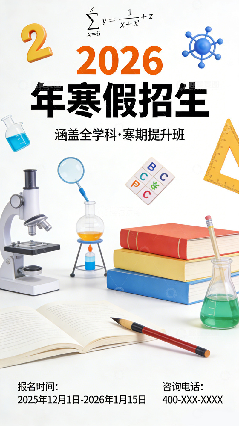 高清大图下载【趣麦麦图】科学寒假招生宣传海报