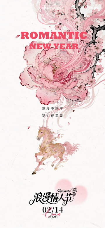 浪漫情人节新年花卉马匹设计海报