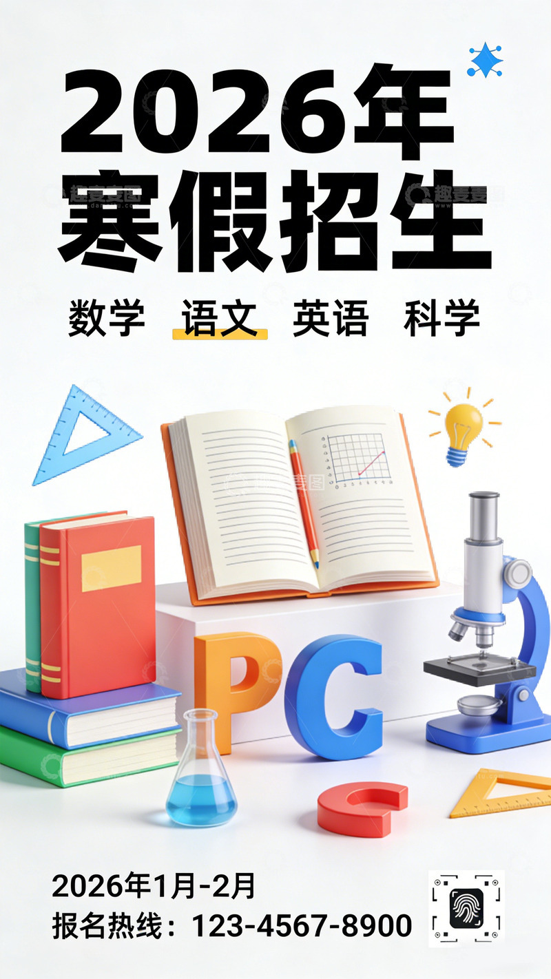 高清大图下载【趣麦麦图】2026寒假招生宣传海报模板