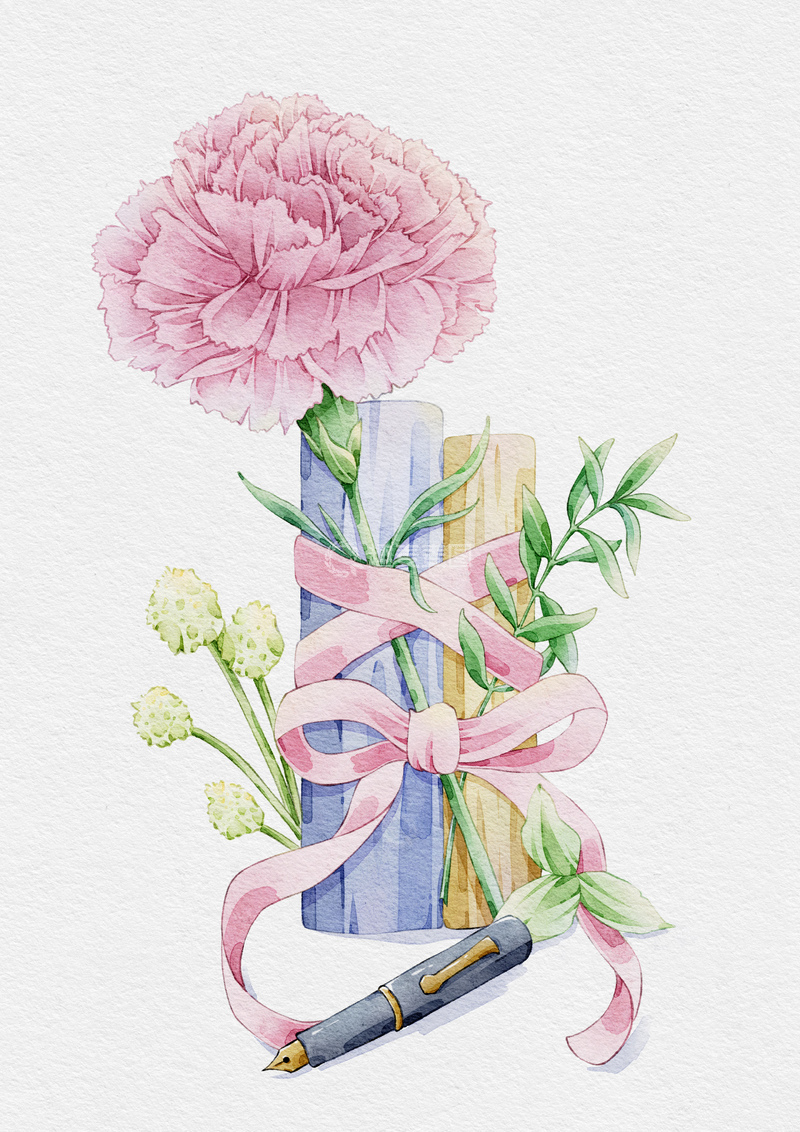 源文件下载【趣麦麦图】水彩康乃馨书本钢笔教师节礼物插画