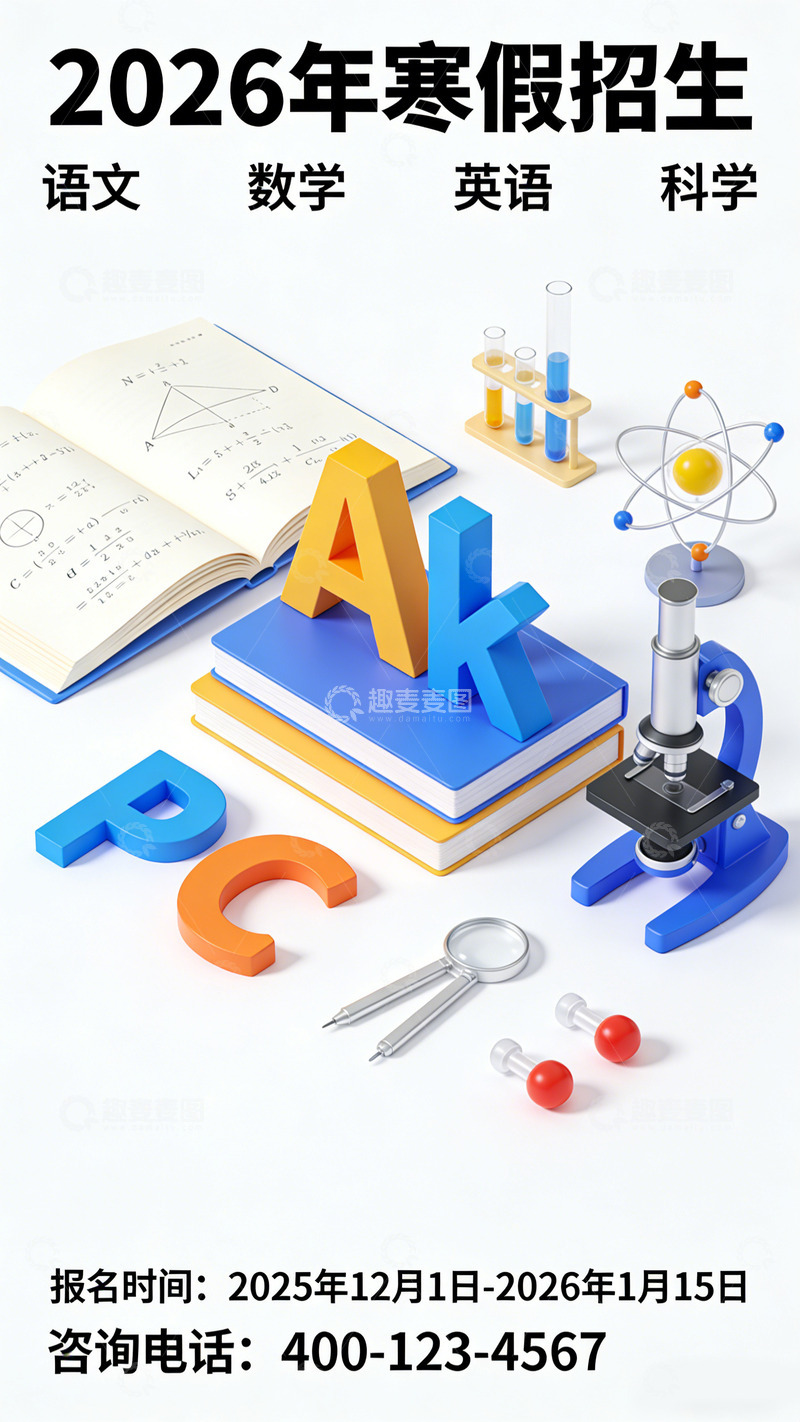 高清大图下载【趣麦麦图】2026寒假招生海报设计模板
