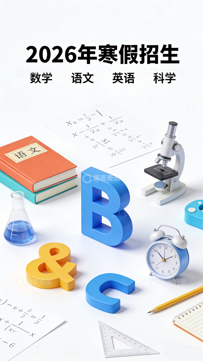 高清大图下载【趣麦麦图】2026年寒假简约招生海报设计